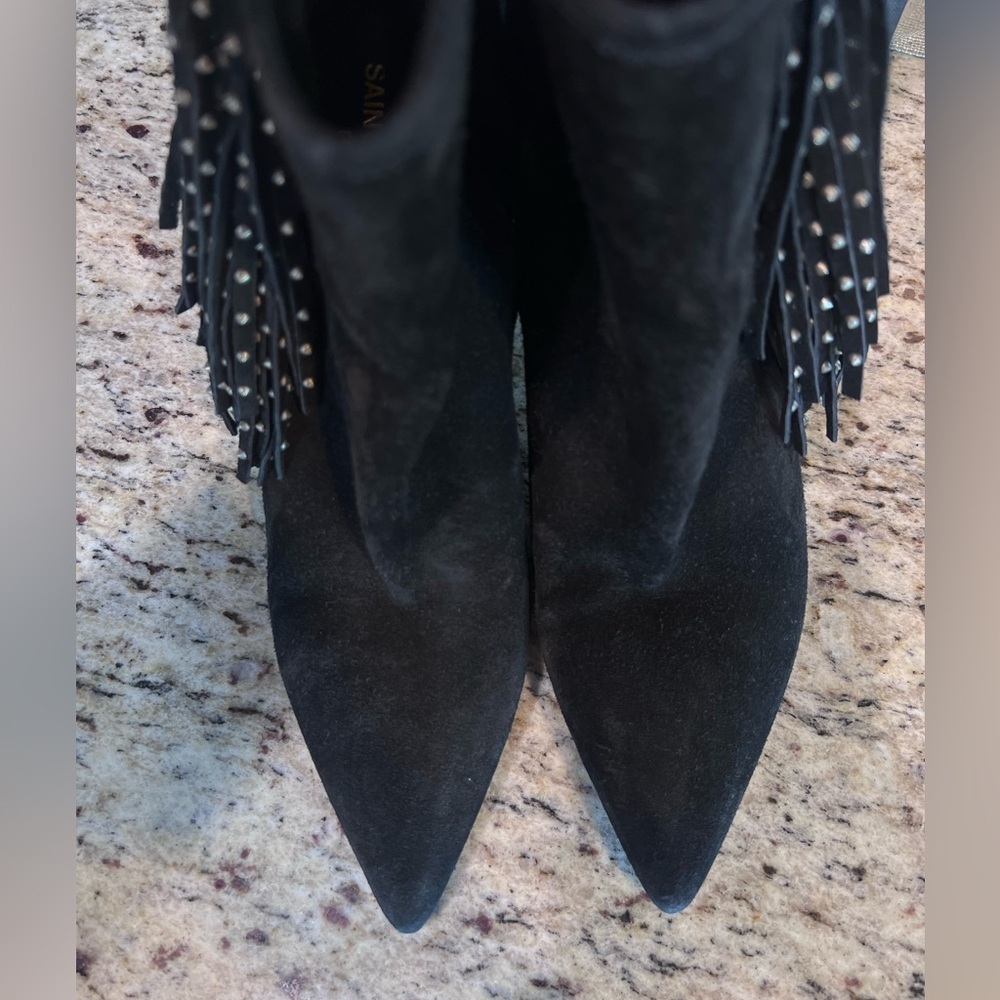 Saint Laurent Black Suede Leather Studded Fringe Trim High Heel Booties EU 39.5 - Picture 4 of 11